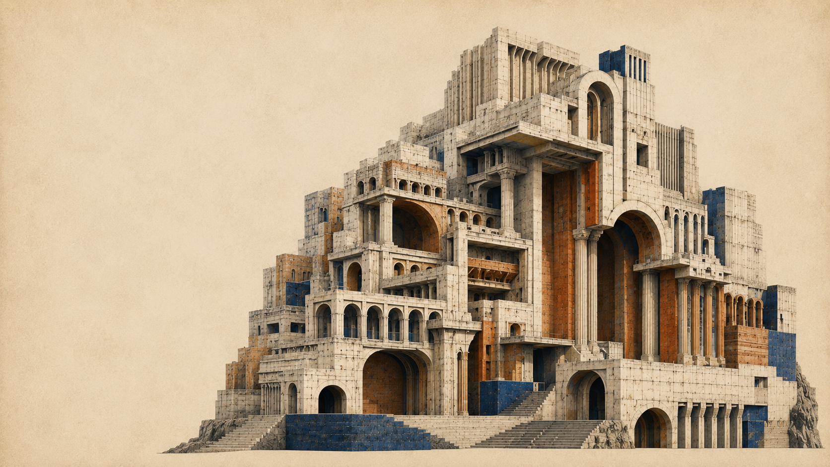 Warm architectural rendering of a complex structure built from technical plans.